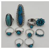 10 Silver-tone & Faux Turquoise Fashion Rings