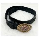 Very Nice Black Leather Belt w/ Lace Agate Buckle