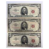 3 Series 1963 Red Seal $5 Bills