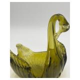 Vintage Italian Hand Blown Olive Glass Swan Dish