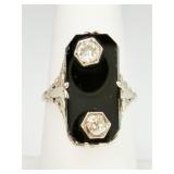 VTG 14KT White Gold Mine Cut Diamond & Onyx Ring