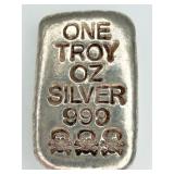 1 Troy Ounce .999 Fine Silver Poured Bar