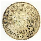 1951 W. German 5 Deutsche Mark Silver Coin