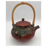 VTG Studio Pottery Teapot w/Bamboo Handle Signed