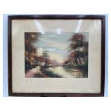 Vtg Framed Hand-Colored Landscape Etching/Print