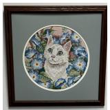 Framed Cat & Blue Flowers Needlepoint Art