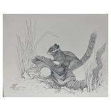 Vtg Print Signed Pen & Ink Drawing of Chipmunk
