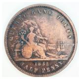 1852 Quebec Bank Token Half Penny Coin