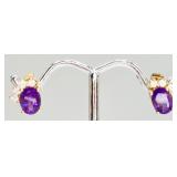 14K Gold Amethyst & Diamond Pierced Earrings