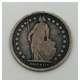 1877 Swiss Helvetia 1 Franc 83.5% Silver Coin