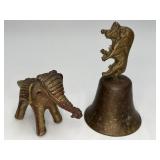 Vtg Brass Elephant Figurine & Antiq Bull Bell