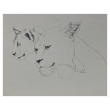 Vtg Print Signed Pen & Ink Drawing Lioness & Cub