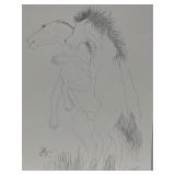 Vtg Print Signed Pen & Ink Drawing 2 Horses