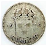 1914 Swedish 25 Ore Silver Coin