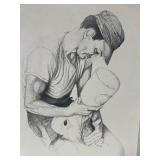 Vtg Print Signed Pen & Ink Drawing of Calf Feeding