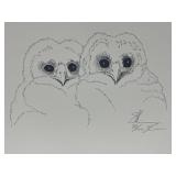Vtg Print Signed Pen & Ink Drawing of 2 Owls