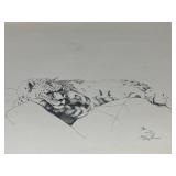 Vtg Print Signed Pen & Ink Drawing ï¿½Snow Leopardï¿½