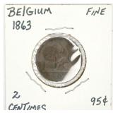 1863 Belgium 2 Cent Copper Coin