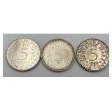 3 West German 5 Deutsche Mark 62.5% Silver Coins