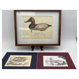3pc Vtg Art Lot: Duck Print & 2 Sketches