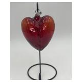 Hand-blown Red Glass Heart Ornament w/Stand