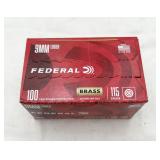 Unopened box of 100 Federal Brass 9mm Luger Carts.
