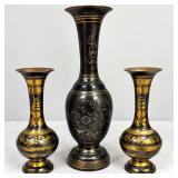 3-Pc Black & Brass Floral Vase Set