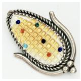 Zuni 925 Corn Pendant/Brooch w/ Gemstones