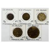 Set of 5 Antq. J.E. Morgan, Stephens, AR Tokens
