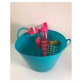 Teal Plastic Tub With Assorted Drinkware