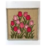 Framed Needlepoint Artwork Of Pink And Red Tulips