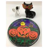 Halloween Cat Figurine, Ghost Figurine And Plates