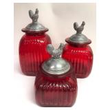 Carson Red Glass Canister Set With Rooster Lids