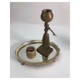 Brass Woman Figurine, Oval Mirror Tray, And Tin