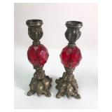 8ï¿½ï¿½ Brass Candlesticks With Red Glass