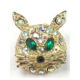 MCM Rhinestone Cat Pin With Green Eyes