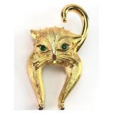Vtg Gold Tone Green Rhinestone Eyed Cat Pin