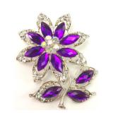 Vtg Silver Tone Rhinestone Floral Purple Brooch