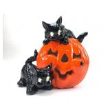 Ceramic Pumpkin With Black Cats Figurine