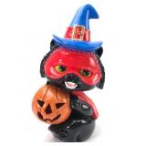 Black Cat Figurine With Pumpkin And Witch Hat