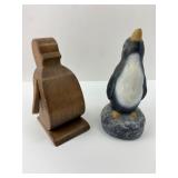 Wood Coin Holder And Resin Penguin Figurines