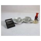 Miniature Typewriter, Tea Set, And Oil Lamp