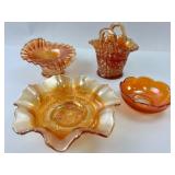 4 Carnival Glass Dishes And Basket