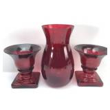 Ruby Red Glass Vase And Pair Of Urns
