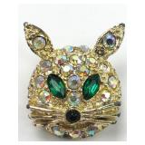 Mcm Rhinestone Cat Pin With Green Eyes