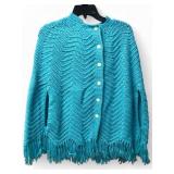 Vtg Hand Crocheted Turquoise Poncho With Fringe