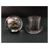 Reverse Painted Glass Paperweight & Hat
