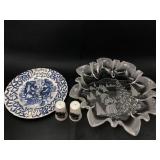 Royal Crownford Plate, Glass Dish & Sanyei Shakers