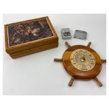 Wooden Box, Cooper Thermometer & Lighters
