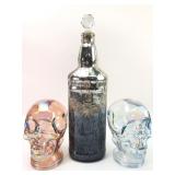 Decorative Glass Skull Set & Silver Bottle